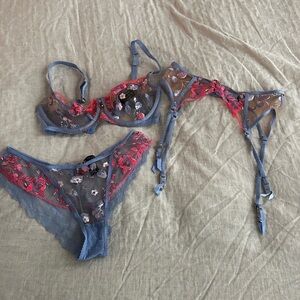 Honey Birdette Pink and Blue Floral Embroidered Bra